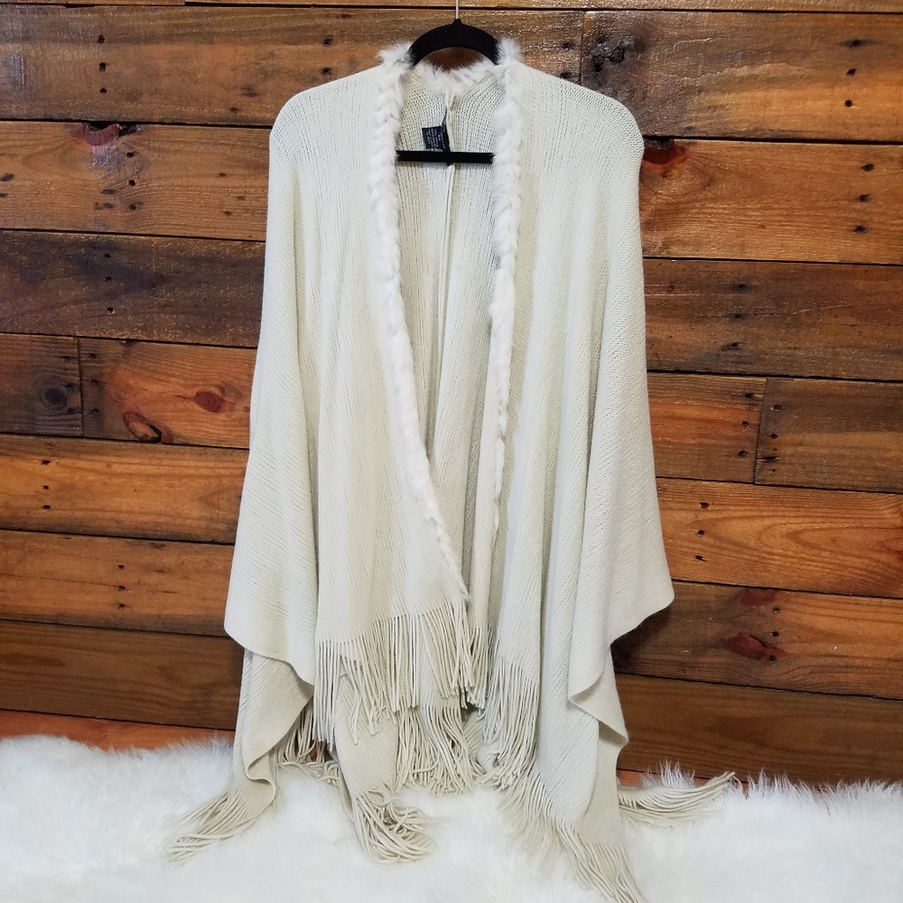Cream fur cashmere wrap shawl poncho kimono